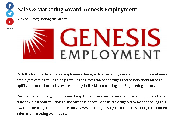 Genesis Sponsor Prestigious City Award